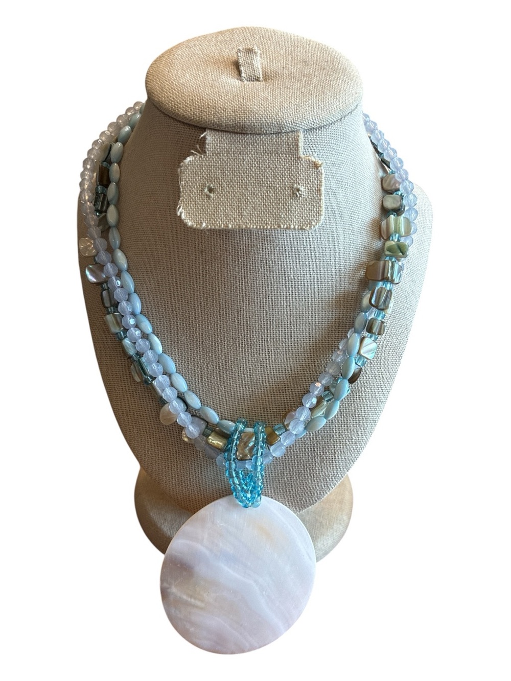 Blue & White Beaded Abalone Shell Pendant Necklace